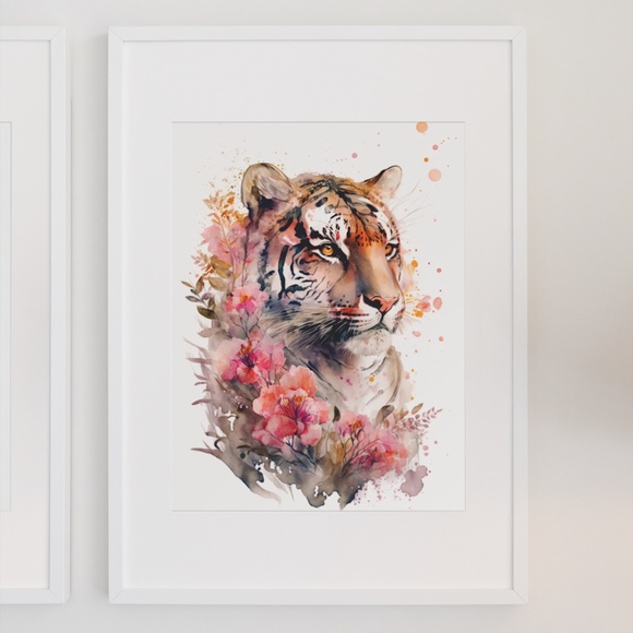 Floral Tiger Watercolor Wall Art Illustration Print Poster Card Unframed - Picture 3 of 6
